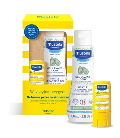Mustela Zestaw Wakacyjna przygoda (Sztyft p/słoneczny 9ml + Delikatny żel 100ml)