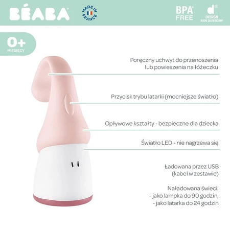 BEABA Lampka nocna LED przenośna z latarką Pixie 90h świecenia Pink