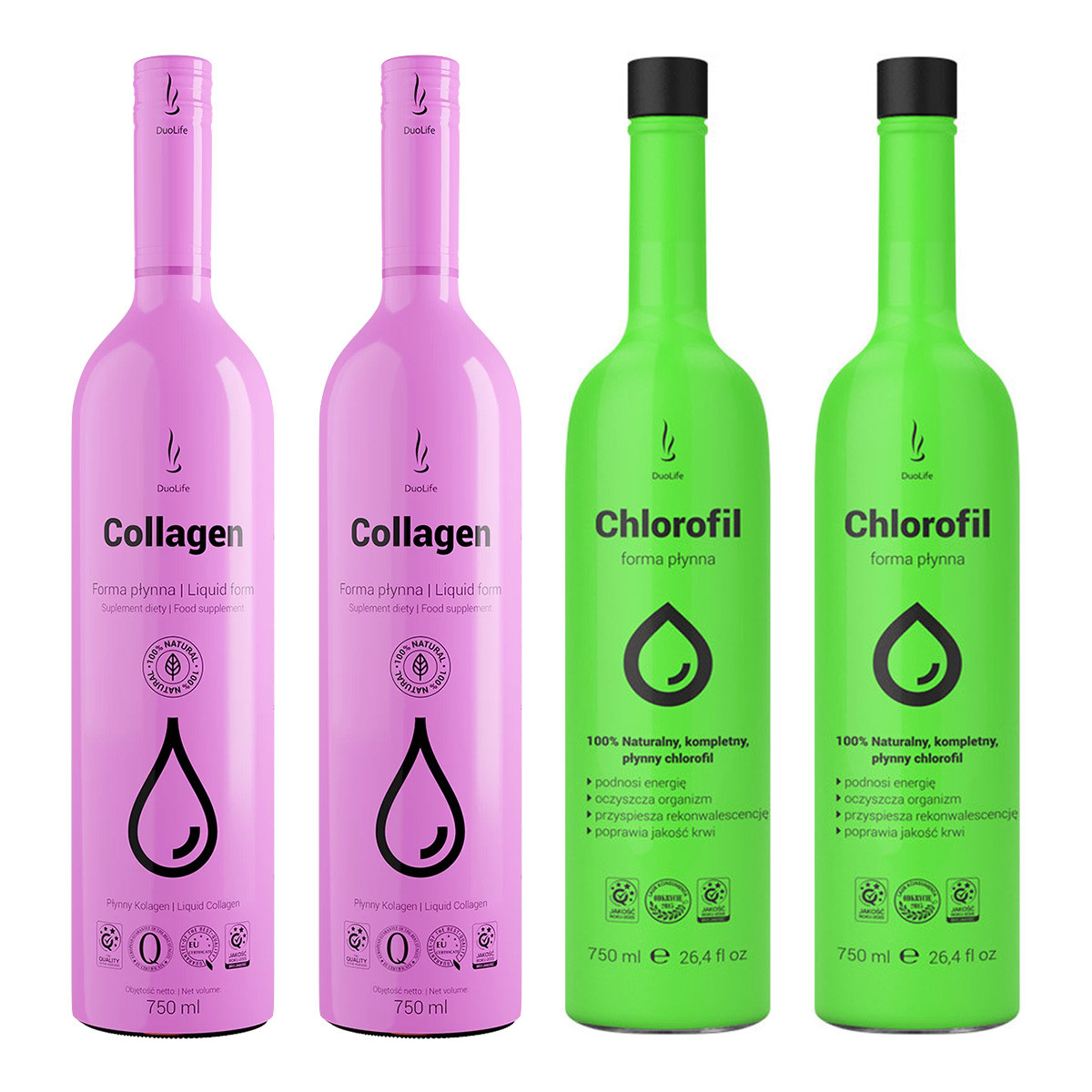 Zestaw mix: 2x DuoLife - Kolagen w płynie - 750ml oraz 2x DuoLife - Chlorofil w płynie - 750ml - Nabea.pl