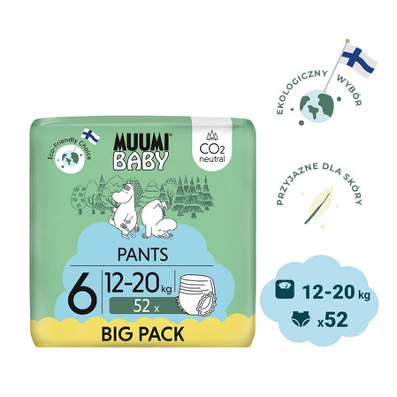 Muumi Baby, Pieluchomajtki ekologiczne dla dzieci, rozmiar 6 (12-20 kg), 52 szt.