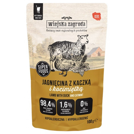 Zestaw 12x Wiejska Zagroda Karma mokra dla kota Jagnięcina z kaczką i kocimiętką kot dorosły 100g