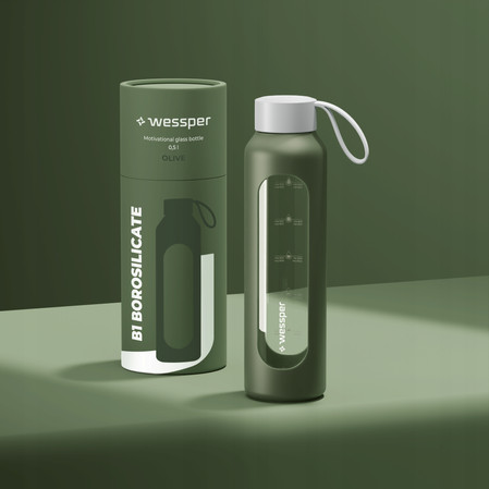 Wessper Butelka motywacyjna szklana z silikonem BOROSILICATE oliwkowa 1000 ml