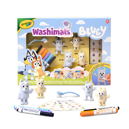 Crayola Figurki do malowania i mycia - zestaw zwierzątka 4 szt., flamastry zmywalne 6 szt., szczoteczka, naklejki Washimals Bluey 3+