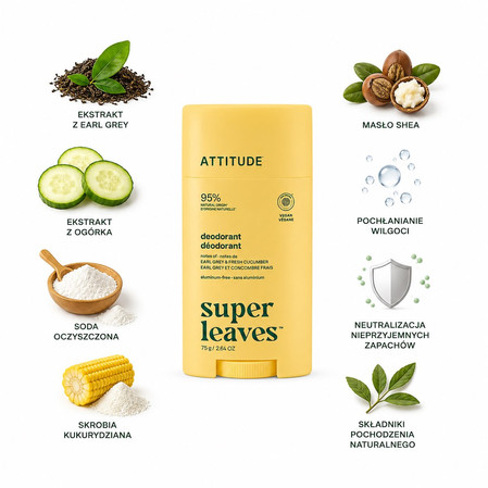 Attitude Super Leaves, Dezodorant w sztyfcie, Earl Grey i świeży ogórek, 75 g