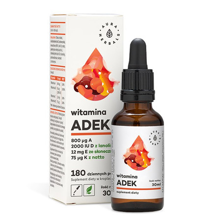 Aura Herbals − ADEK, witamina A + D3 (2000 IU) + E + K2 w kroplach − 30 ml