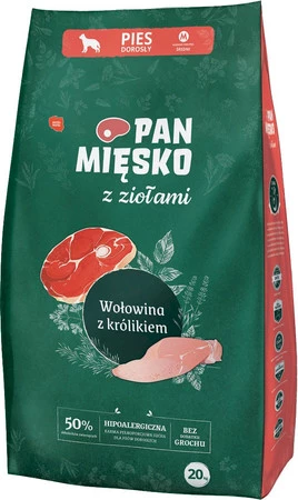 Pan Mięsko Karma sucha dla psa z Ziołami Wołowina z królikiem (dorosły) chrupki M 20kg