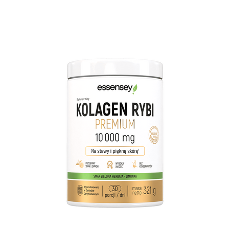 Essensey Kollagen Rybi 10000 mg na stawy, włosy z kwasem hialuronowym 321g smak zielona herbata