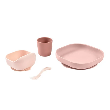 Beaba, Komplet naczyń z silikonu z przyssawką, pink
