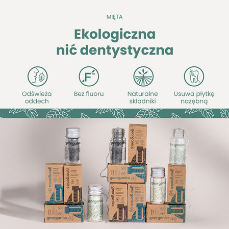 Georganics, Naturalna nić dentystyczna z jedwabiu, w szklanym opakowaniu Zero Waste, do codziennej pielęgnacji, smak mięty pieprzowej, 50 m