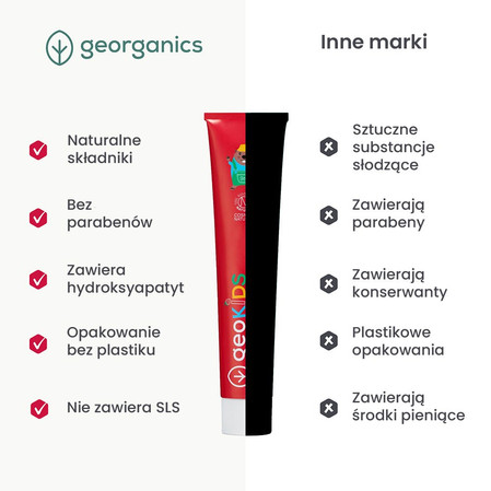 Georganics, GeoKids, Naturalna pasta do zębów dla dzieci, z Hydroksyapatytem i Fluorem, Smak truskawkowy, 3+, 75 ml