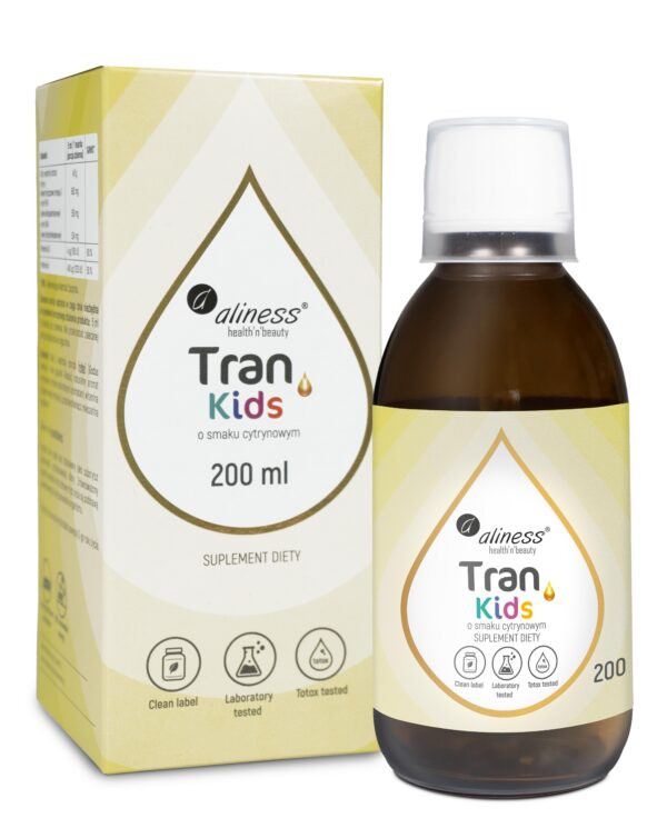 Aliness Tran (olej z dorsza) KIDS + Wit. A 400 μg, 200 ml o smaku cytrynowym - Nabea.pl