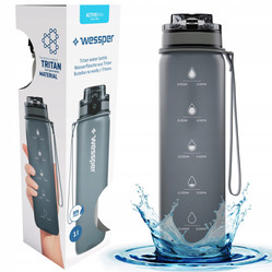 Wessper Butelka na wodę z tritanu motywacyjna z miarką ACTIVEMAX TRILINE z możliwością filtracji szara 1000 ml