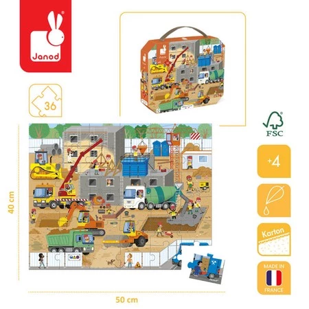 Janod Puzzle w walizce Plac budowy 36 elementów 4+ Made in France