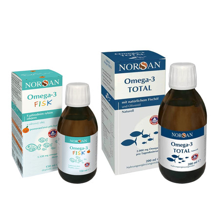 Zestaw Norsan: 1x Omega-3 TOTAL olej rybny kwasy tłuszczowe 200 ml smak naturalny i 1x Omega-3 Fisk dla dzieci 150 ml smak pomarańcza