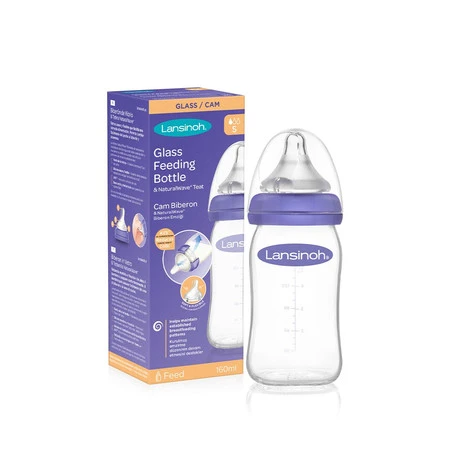 Lansinoh, mOmma, Szklana butelka ze smoczkiem o wolnym przepływie Natural Wave, 160 ml