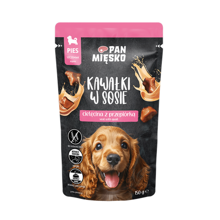 Pan Mięsko Kawałki w sosie Cielęcina z przepiórką - Karma mokra dla psa - szczeniaka - 150g