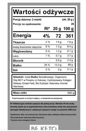 BeKeto Diet Keto Shake MCT & Collagen Natural Chocolate - wysokobiałkowy shake z MCT i kolagenem 500 g smak francuska Vanilia