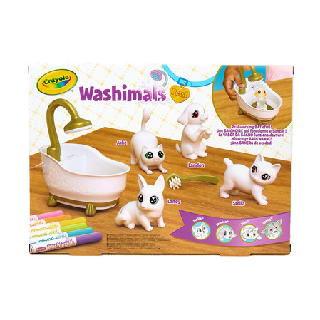 Crayola Figurki do malowania i mycia - zestaw zwierzątka 4 szt, flamastry zmywalne 6 szt., szczoteczka, wanna Washimals Kotki Glam 3+