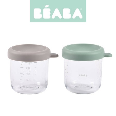 BEABA Zestaw pojemników słoiczków szklanych z zamknięciem 2 x 250 ml Sage green/Gazelle