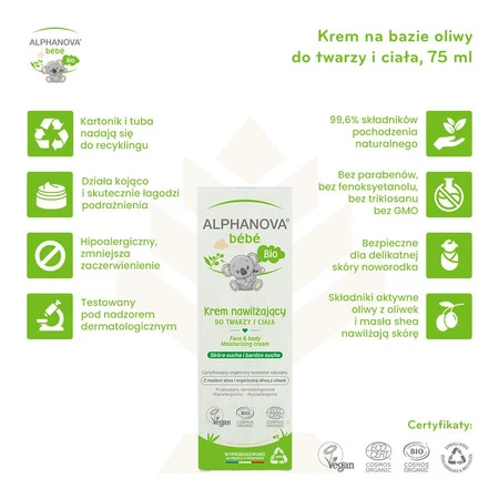 Alphanova Bebe Bio, Nawilżający krem do twarzy i ciała na bazie oliwy, do skóry suchej i atopowej, 75 ml