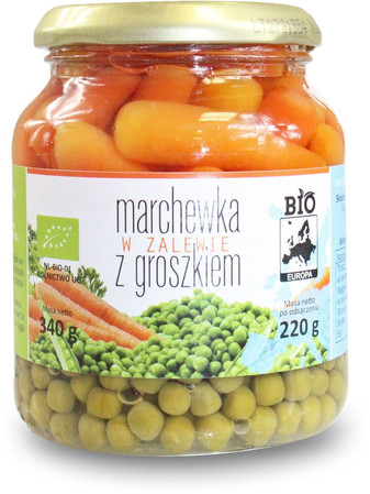  Bio Planet Marchewka w zalewie z groszkiem w słoiku BIO − 340 g / 220 g