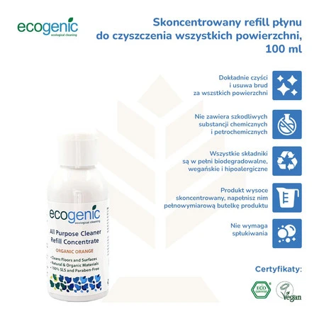 Ecogenic, Refill uniwersalnego płynu do czyszcenia różnych powierzchni, Pomarańcza, 100 ml