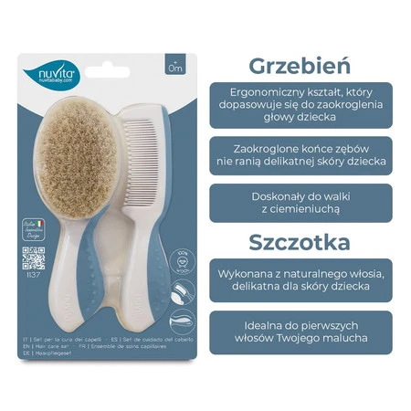 Nuvita, Zestaw dla dzieci: szczotka i grzebień, Powder Blue