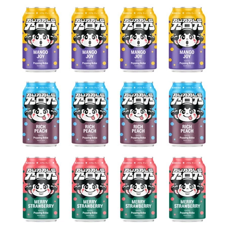 Zestaw mix smaków Popping Bubble Bob: 4x napój 330ml smak mango, 4x napój 330ml smak brzoskwinia i 4x napój 330ml smak truskawka