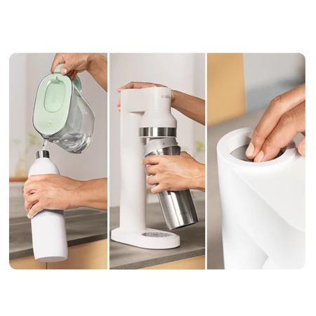 Brita Soda TRIO - Saturator - system nagazowywania wody biały + cylinder BRITA CO₂ + butelka szklana 0,84l + butelka stalowa 0,5l