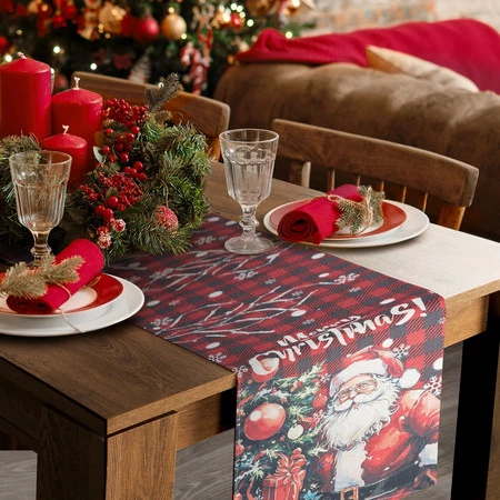 Bieżnik świąteczny rozm.: 33 x 183cm, kolor czerwony w kratę z Mikołajem