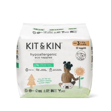 Kit & Kin, Pieluszki Jednorazowe 3 Maxi (6-10 kg), Miś/Króliczek, 32 szt.