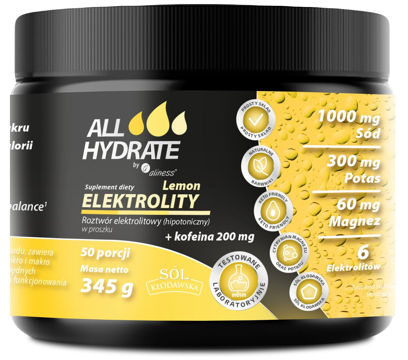 Aliness ALLHydrate, Elektrolity Lemon + Kofeina 200mg, 345g, 50 porcji - Nabea.pl