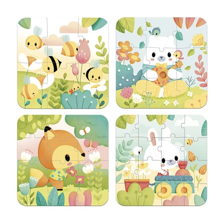 Janod Puzzle progresywne w walizce Zwierzątka Pure 4 układanki – 6, 9, 12 i 16 elementów 2+ Made in France