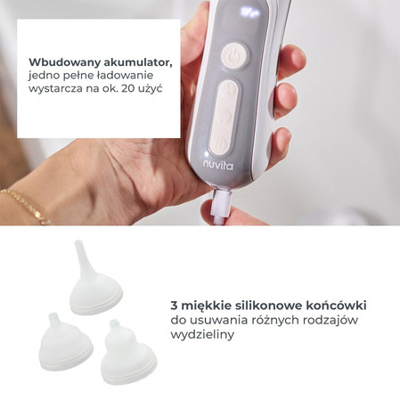Nuvita, Elektryczny aspirator do oczyszczania nosa niemowląt z kołysankami i uspokajającym światłem LED, Biały
