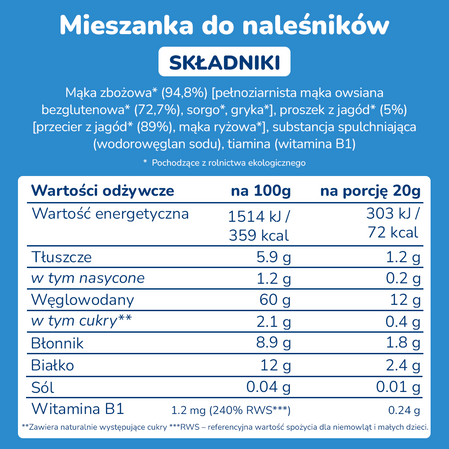 Smileat, BIO Tortitas, Mieszanka z pełnoziarnistych płatków owsianych i jagód do naleśników , +8m, 125g