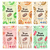 Zestaw smaków 100g True Dates: 1x Sour Apple daktyle, 1x Cinnamon Roll daktyle, 1x Cookie Dough daktyle, 1x Sweet Peach daktyle, 1x Sour Cola daktyle, 1x Watermelon daktyle   