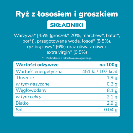 Smileat, BIO Słoiczek z groszkiem i łososiem, małe kawałki 10m+, 230g