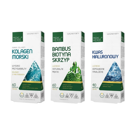 Zestaw: 1x Medica Herbs Bambus Biotyna Skrzyp 60 kaps., 1x Medica Herbs Kwas Hialuronowy 40 kaps., i 1x Medica Herbs Kolagen Morski 60 kaps.