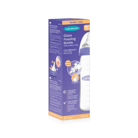 Lansinoh, mOmma, Szklana butelka ze smoczkiem o średnim przepływie Natural Wave, 240 ml