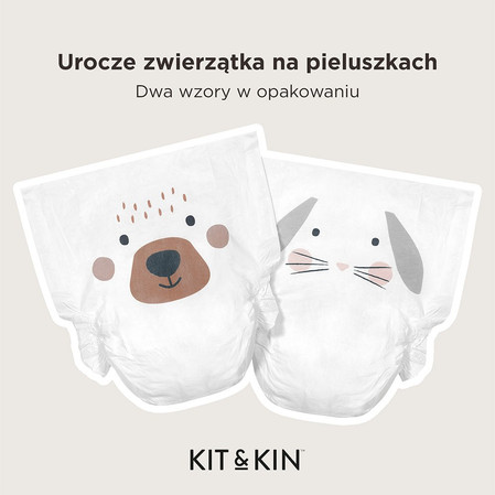 Kit & Kin, Pieluszki Jednorazowe 3 Maxi (6-10 kg), Miś/Króliczek, 32 szt.
