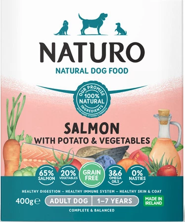 NATURO Adult Dog GF Łosoś Ziemniaki Warzywa tacka 400g