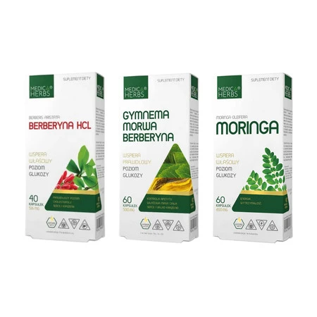 Zestaw: 1x Medica Herbs Berberyna HCL 500mg, 40 kaps., 1x Medica Herbs Gymnema Morwa Berberyna 60 kaps., i 1x Medica Herbs Moringa 650mg, 60 kaps.