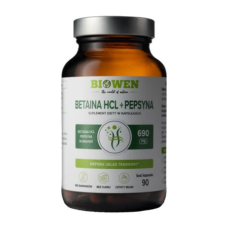 Biowen Betaina HCL + Pepsyna + Rumianek pospolity na wsparcie trawienia 90 kaps.