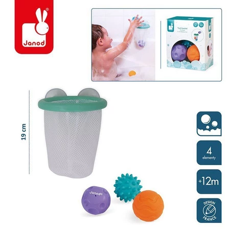 Janod Gra w koszykówkę do kąpieli kosz z przyssawkami z 3 piłkami 12m+