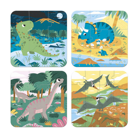 Janod Puzzle progresywne w walizce Dinozaury 4 układanki – 6, 9, 12 i 16 elementów 2+, Made in France (stary indeks: J02657)