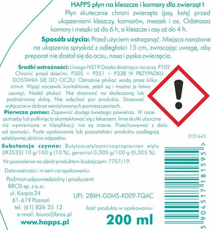 HAPPS - płyn na kleszcze i komary dla zwierząt 200ml