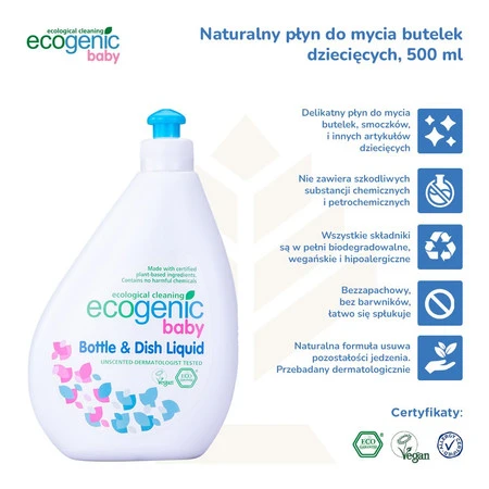 Ecogenic Baby, Płyn do mycia butelek, smoczków i zabawek, bezzapachowy, 500 ml