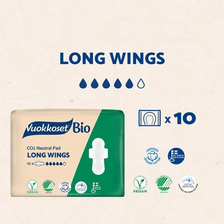 Vuokkoset, BIO, LONG WINGS, Podpaski ze skrzydełkami, dłuższe, 10 szt.