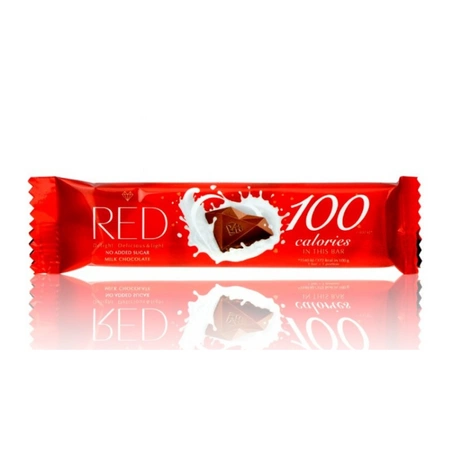 Red Delight − Baton z mlecznej czekolady z orzechami laskowymi i orzechami makadamia bez dodatku cukrów, tylko 100 kalorii − 26 g