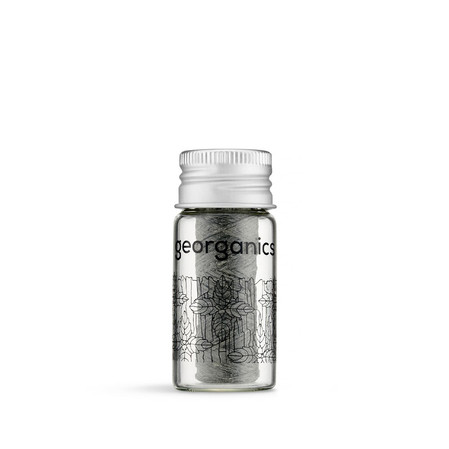 Georganics, Naturalna nić dentystyczna w szklanym opakowaniu Zero Waste, do codziennej pielęgnacji, z aktywnym węglem i fluorem, 50 m